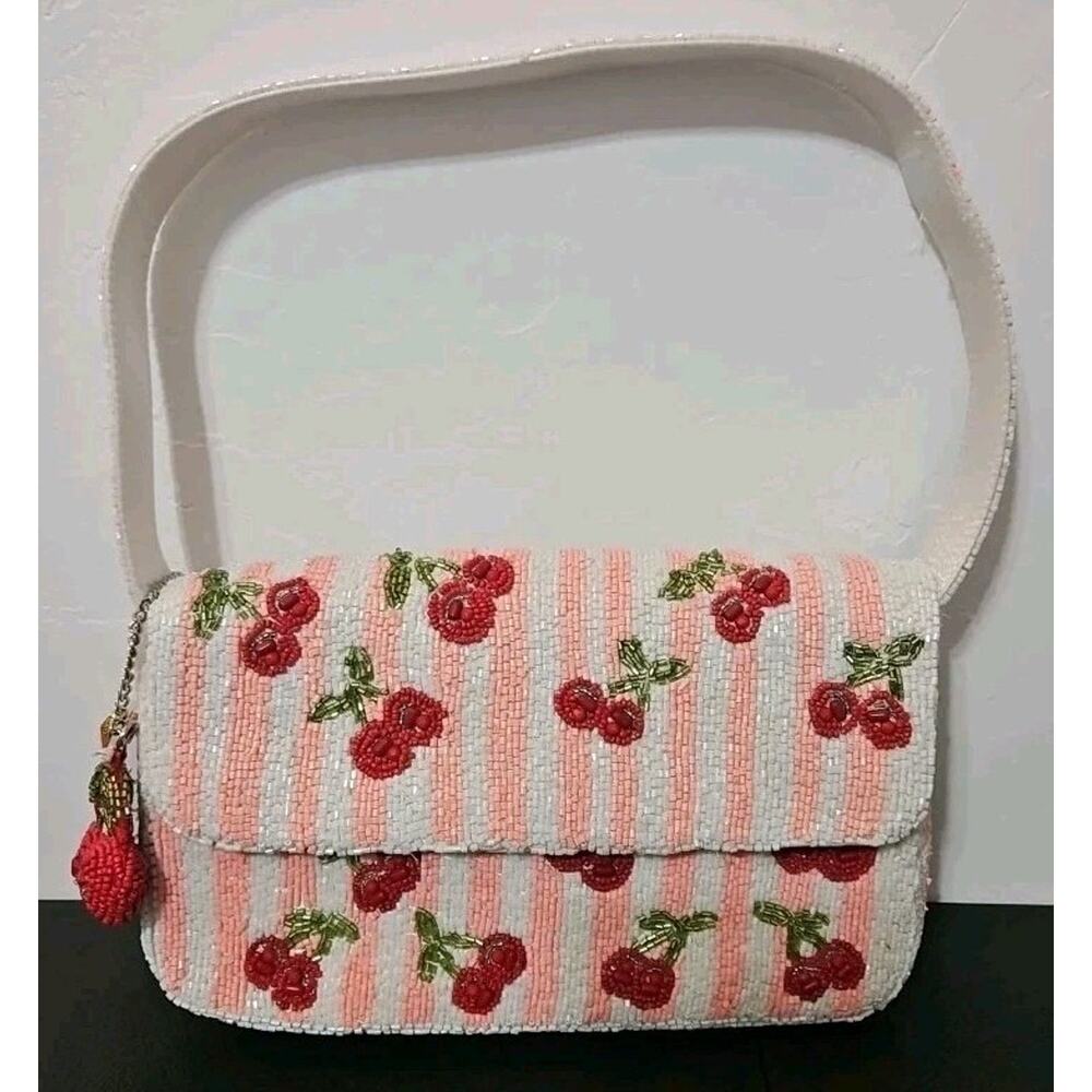 Beaded Purse Handcrafted in India Viral Beaded Cherries Cherry Pink Striped Bag